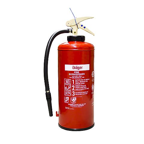 SG00157 Dräger Foam Extinguisher 9 liter AB (cartridge) The Dräger foam extinguisher is a multipurpose fire extinguisher that can be used in burning liquids and solids. The Aqueous Film Forming Foam (AFFF) additive is a blend of perfluorinated and hydrocarbon surfactants. It enables the formation of an aqueous film capable of spreading on the surface of burning fuels, which prevents vapour production and seals the surface from oxygen. Foam extinguishers cover type A and B fires.