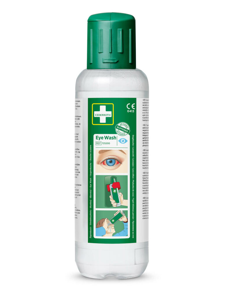 04135010 Cederroth Oogspoelfles Een compacte stof- en waterdichte oogspoelkast. Inclusief twee flessen Cederroth Oogspoeling. Gemakkelijk te plaatsen, zelfs in kleine ruimtes. Transparant deksel voor hoge zichtbaarheid. Flessen openen automatisch wanneer ze uit de beugels worden gedraaid om direct te kunnen spoelen.
