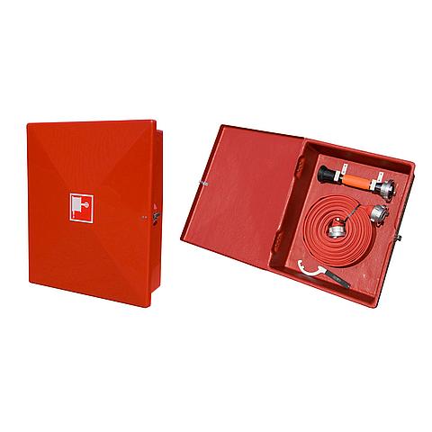 03110007 Firehose Safety Cabinet, polyester: DMO-136 Safety cabinet to store fire hose, branch pipe and Storz coupling spanners. If quality, finish and design are important, the best choice is a polyester cabinet.