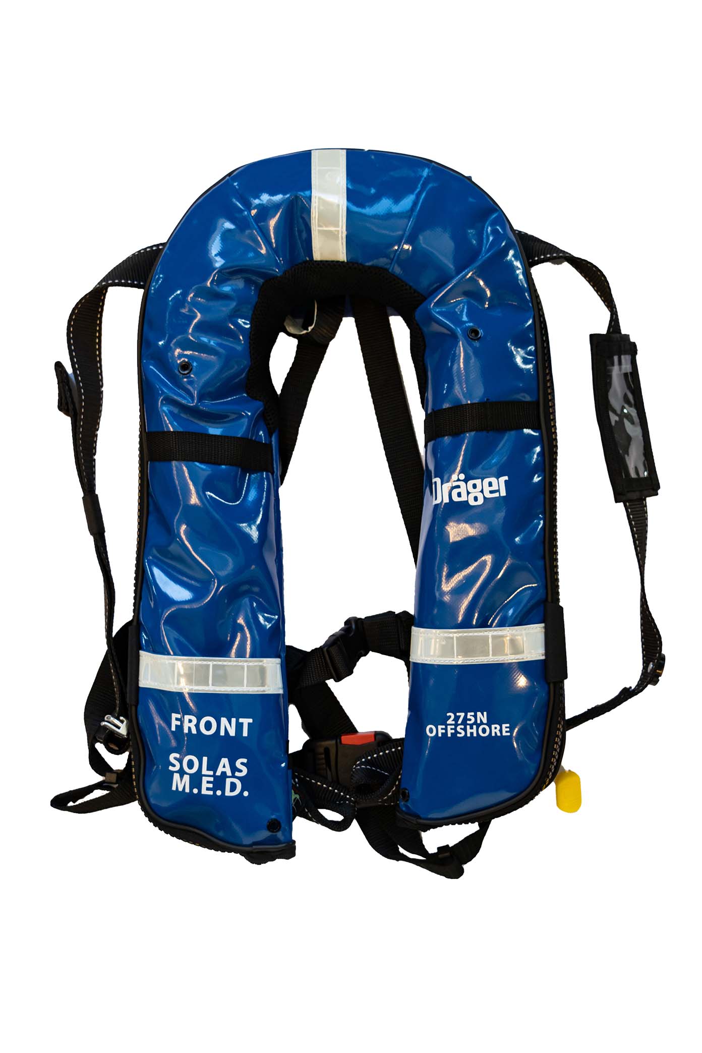 SG05496 Dräger Life Jacket 275N SOLAS Offshore Inflatable life jacket for adults. Approved and certified according to SOLAS MED, double compartment floating chamber with case made in high quality cover. Equipped with Buddy System. Double Automatic and Manual Activator (DAAM). Equipped with harness certified according to ISO 12401 and frontal safety D-ring. Smart, functional and comfortable donning. Designed for the maximum freedom and mobility on board during the manoeuvres in navigation.