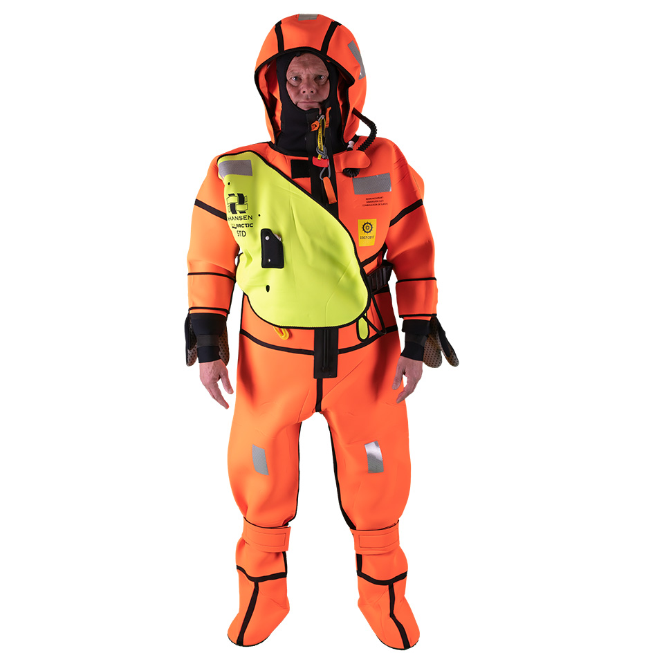 SG05460 Hansen Sea Arctic Immersion Suit The Hansen Sea Arctic Immersion Suit has been approved 6 hour immersion suit with an anatomic self righting unit. Suit to be used without life jacket. Emergency suit for fishing vessels, merchant ships and offshore installations. The immersion suit can be delivered vacuum packed, so the suit doesn't need to be serviced for 5 years.