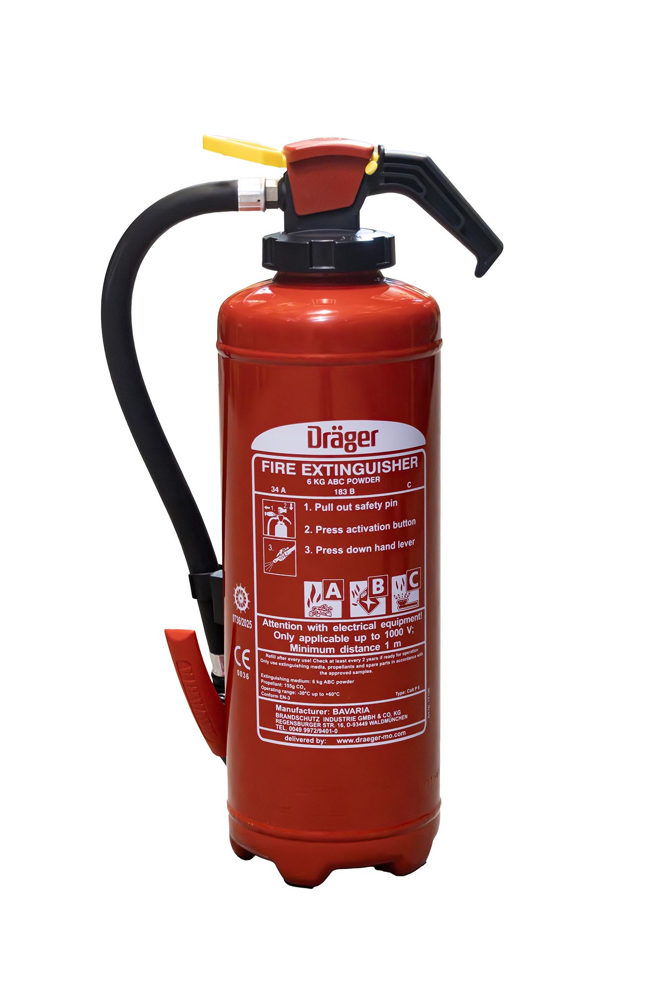 SG00172 Dräger Powder Extinguisher 6 kgs ABC (cartridge) The Dräger powder extinguisher is an all-purpose fire extinguisher and is especially suited for flammable liquids and fires involving flammable gases such as methane, propane, hydrogen, natural gas and many others. Dry powder fire extinguishers are recommended for mixed fire environments because they cover type A, B and C fires.